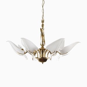 6-Light Chandelier with Murano Glass Leaves and Polished Gold Galvanic Frame by Franco Luce, Italy, 1970s