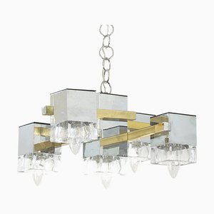 Italian 5 Light Chandelier with Glass Cubes, Chrome and Gold Geometric Structure by Gaetano Sciolari for Stilnovo