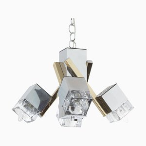 Italian 4 Light Chandelier with Glass Cubes, Chrome and Gold Geometric Structure by Gaetano Sciolari for Stilnovo