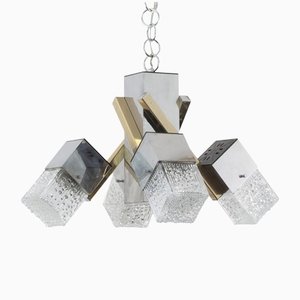 Italian 4 Light Chandelier with Glass Cubes, Chrome and Gold Geometric Structure by Gaetano Sciolari for Stilnovo