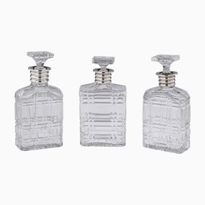 Englische Art Deco Karaffen aus massivem Silber & geschliffenem Glas, 20. Jh., 1910er, 3er Set