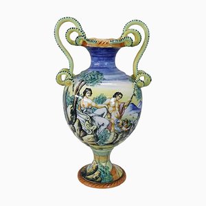 Large Antique Majolica Hand Painted Vase, 1880