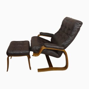 Leather Cantilever Lounge Chair with Ottoman, 1970s, Set of 2