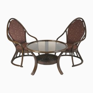 Set of Vintage Manou Rattan Armchairs and Table With Glass Top, 1970s