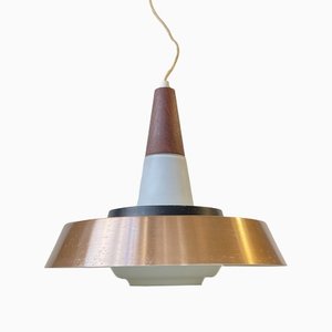 Mid-Century Pendant in Opaline Glass Teak and Copper from Voss, 1960s