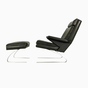 German Swing Lounge Chair with Ottoman in Leather and Steel by Reinhold Adolf for Cor, 1970s, Set of 2