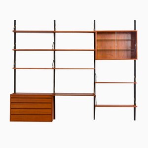 3-Bay Teak Wall Unit with Desk, 2 Cabinets and 8 Shelves by Poul Cadovius, Denmark, 1960s