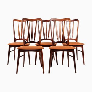 Ingrid Dining Chairs in Rosewood and Tan Leather by Niels Koefoed, Set of 5
