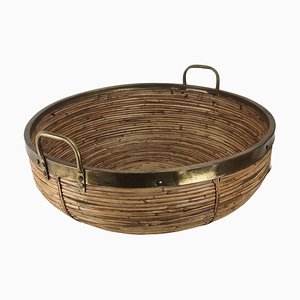 Italian French Riviera Bamboo, Rattan and Brass Basket Tray, 1960s