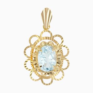 French Modern Flower Shaped Pendant in 18K Yellow Gold with Aquamarine