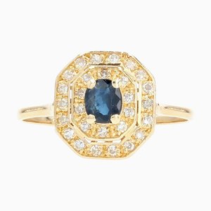 Bague Moderne en Or Jaune 18K avec Saphir et Diamants