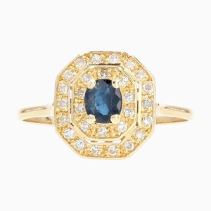 French Modern Ring in 18K Yellow Gold with Sapphire and Diamonds