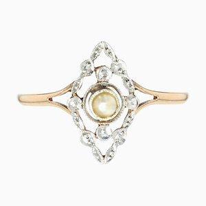 Bague Marquise Française en Or Blanc 18K avec Perle Naturelle