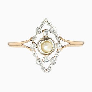 French Marquise Ring in 18K Yellow White Gold with Natural Pearl