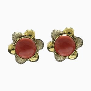 Boucles d'Oreilles en Forme de Fleur en Or Jaune 18 Carats avec Boutons Corail Rouge, Set de 2