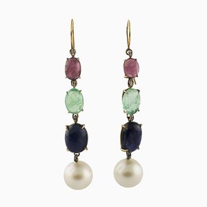 Pearl Diamond Ruby Sapphire Emeralds Rose Gold and Silver Earrings, Set of 2