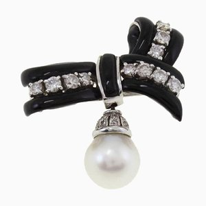 Kt 2,44 Diamant, Australie Perle Onyx Ruban Broche Pendentif en Or