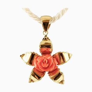 Red Coral Flower, 18 Karat Yellow Gold Flower Shape Pendant Necklace