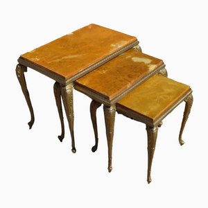 French Onyx Marble & Brass Nesting Tables, Set of 3