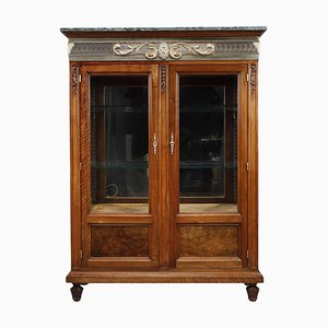 Louis XVI Style Low Walnut Glass Bookcase Cabinet with Cutlery, Set of 88