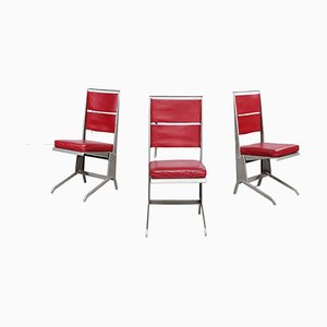 Französische Mid-Century Stühle aus rotem Leder & Stahl von Jean Prouvé für Tecta, 1980er, 3er Set