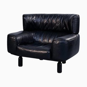 Italian Modern Black Leather & Wood Bull Lounge Chair by Gianfranco Frattini for Cassina, 1980s