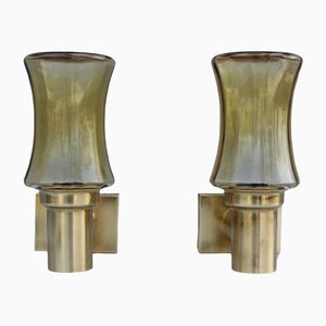 Mid-Century Wall Lamps in Brass & Yellow Glass Lighting, Set of 2