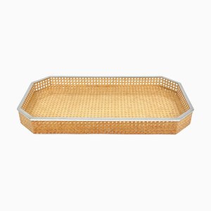 Acrylic Glass, Rattan & Chrome Centerpiece Tray in the Style of Christian Dior, Italy, 1970s