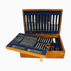 Antique Canteen X12 Sterling Silver Cutlery with Kings Pattern, London, 1905, Set of 90