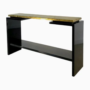 Italian Black Lacquered & Gold Leaf Wall Console by Aldo Tura, 1970s