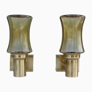 Mid-Century Wall Lamps in Brass and Yellow Glass Lighting, Set of 2