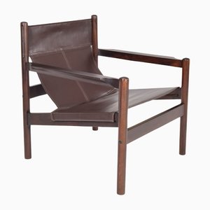 Mid-Century Modern Safari Leather & Wood Roxinho Armchair by Michel Arnoult