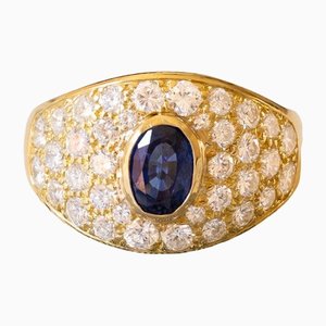 Anello vintage in oro 18k con zaffiro e diamanti, anni '60