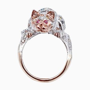 Cat Ring in Rose Gold and Silver with Rubies and Diamonds