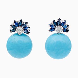 14K White Gold Earrings with Turquoise Sapphires and Diamonds