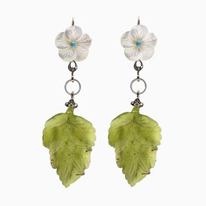Dangle Gold Earrings with Mother of Pearl and Jade
