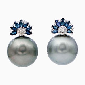 14K White Gold Earrings with Grey Pearls Sapphires and Diamonds