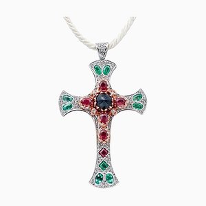 Rose Gold and Silver Cross Pendant Necklace wit Sapphire Emeralds Rubies and Diamonds