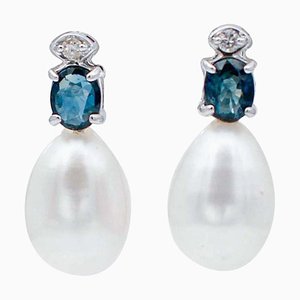 18K White Gold Earrings with Sapphires Diamonds and Pearls