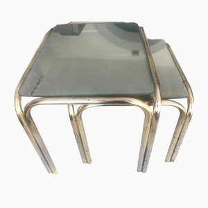 Coffee Tables with Mirror and Chrome-Plated Metal Tubes, Set of 2