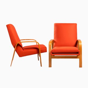 Orange Armchairs in Natural Beech by ARP, France, 1956, Set of 2