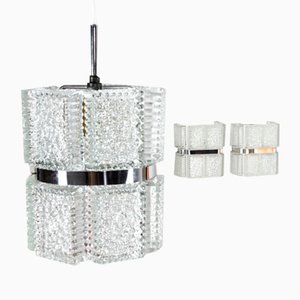 Mid-Century Modern Textured Crystal Sconces and Chandelier from Kaiser Leuchten, Germany, 1960s, Set of 3