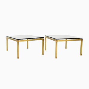 French Hollywood Regency Square Side Tables in Brass and Glass, 1970s, Set of 2