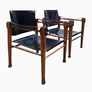 Mid-Century Leather Safari Chairs in the Style of Borge Mogensen, Set of 2