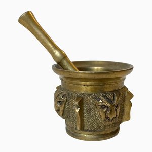 Antique French Mortar with Lion Faces in Bronze