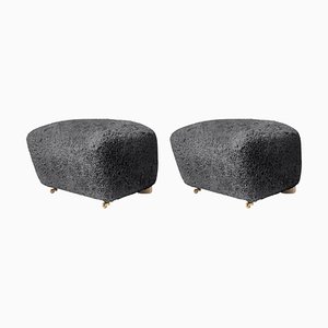 Anthracite Natural Oak Sheepskin the Tired Man Footstools from by Lassen, Set of 2