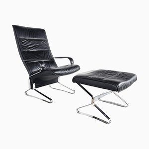 Vintage Black Leather & Chrome Lounge Chair & Ottoman, 1970s, Set of 2