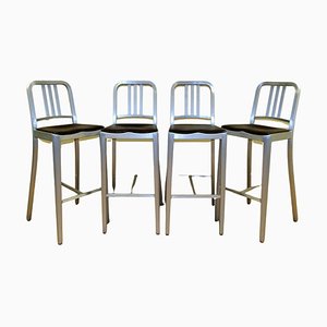 Navy Collection Brushed Aluminum High Stools with Brown Leather Seats from Emeco, Set of 4