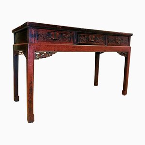 Late 19th-Century Red Lacquered Chinese Chippendale Console Table with Three Drawers