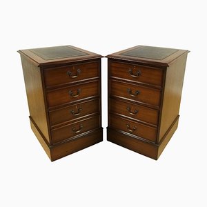 Brown Mahogany Filing Cabinets with Green Gold Leaf Leather Topa, Set of 2